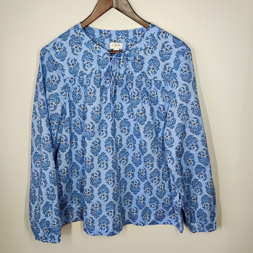 J Crew Printed Split Neck Top Womens Large Blue‎ Floral Cottagecore Peasant